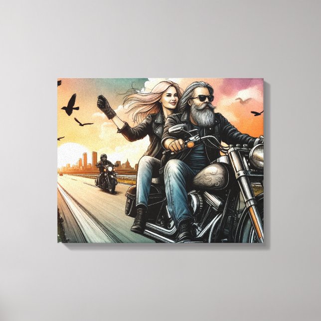 Man and Woman Riding Motorcycle on Highway Canvas (Front)