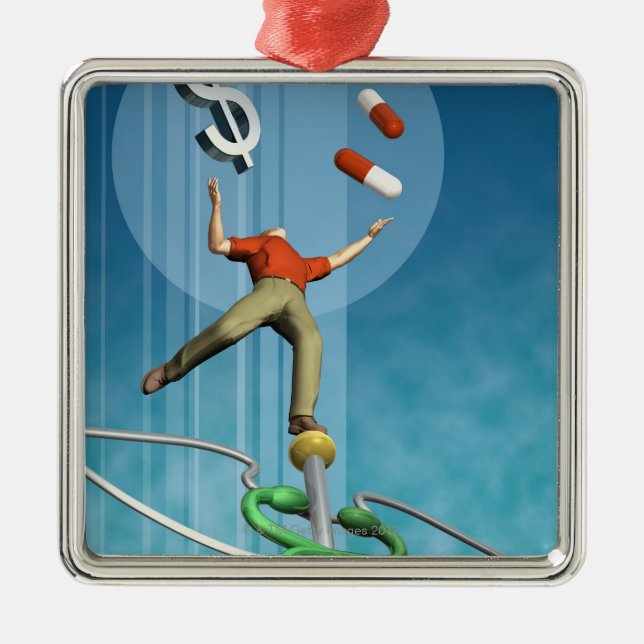 Man balancing drugs and dollar sign metal tree decoration (Front)
