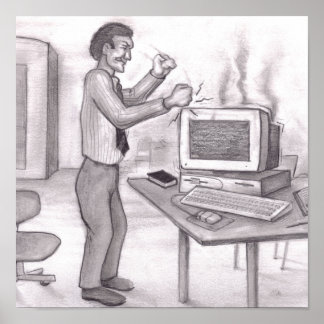 Man Banging Fists on Smoking Computer Monitor Poster