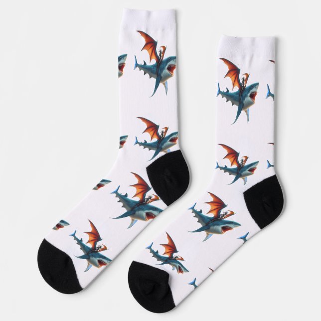 Man-Bat Riding Scary Shark Thunder_Cove Socks (Left)