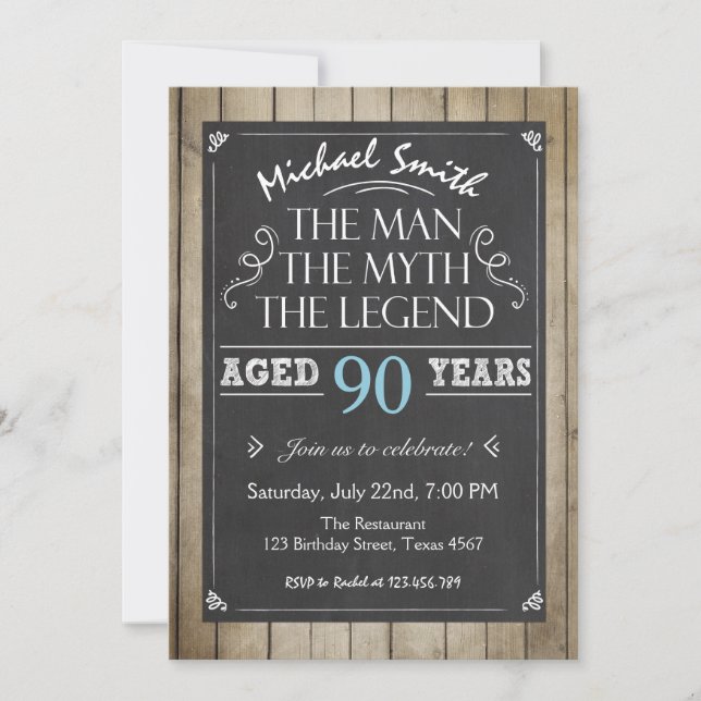 Man Birthday invitation Chalkboard Rustic Adult 90 (Front)