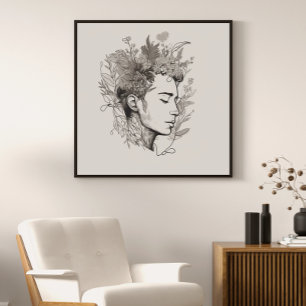 Man Black Line Art with Flower Boho style Poster