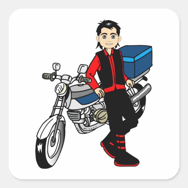 Man Boy motorcycle rider Biker cartoon art Square Sticker (Front)