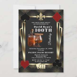Man Casino Cognac And Cigar 100th Birthday Party  Invitation