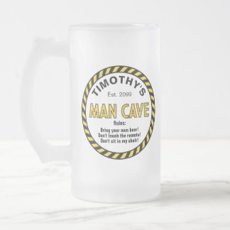 Man Cave Sign Caution Tape Frosted Glass Beer Mug