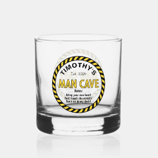 Man Cave Sign Caution Tape Rocks  Whiskey Glass