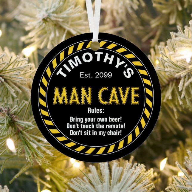  Man Cave Sign with Caution Tape Effect & Rules  Metal Tree Decoration (Insitu)