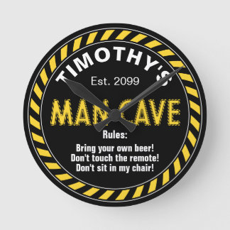 Man Cave Sign with Caution Tape Effect & Rules Round Clock
