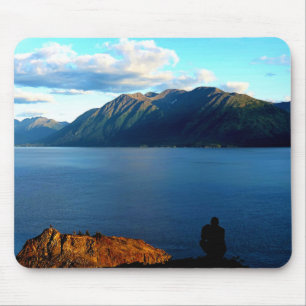Man Crouches Contemplating Sunset Light in Alaska Mouse Pad