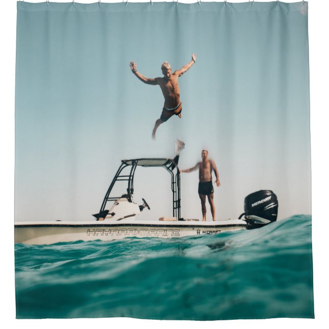 Man diving on pool shower curtain (Front)