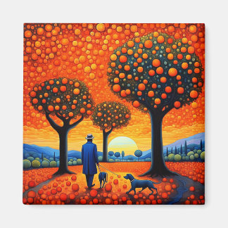 Man, dog and Orange trees Magnet