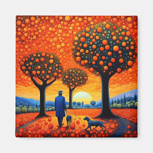 Man, dog and Orange trees Magnet (Front)