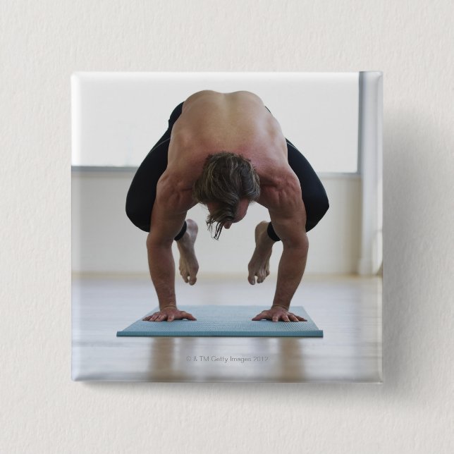 Man doing workout on yoga mat 15 cm square badge (Front)