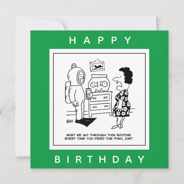 Man Dons Scuba Diving Outfit to Feed Fish Cartoon. Card (Front)