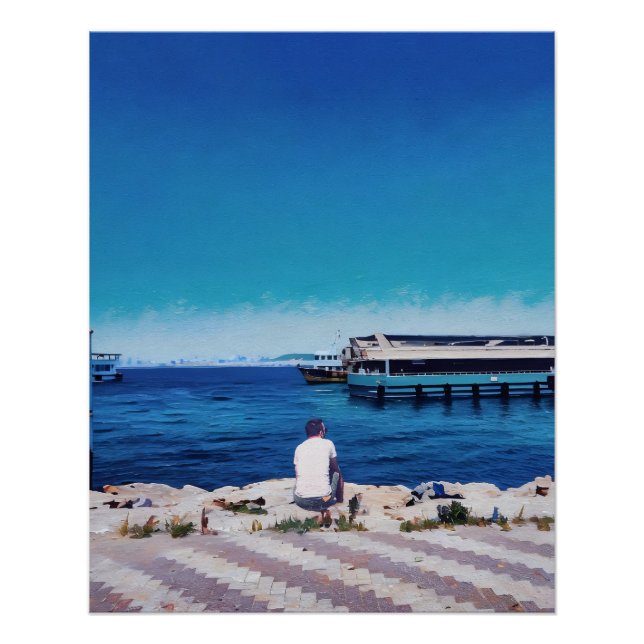 Man Enjoys Serene Harbour View With Boats Poster (Front)