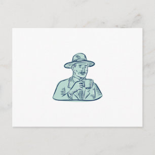 Man Fedora Hat Drinking Coffee Etching Postcard