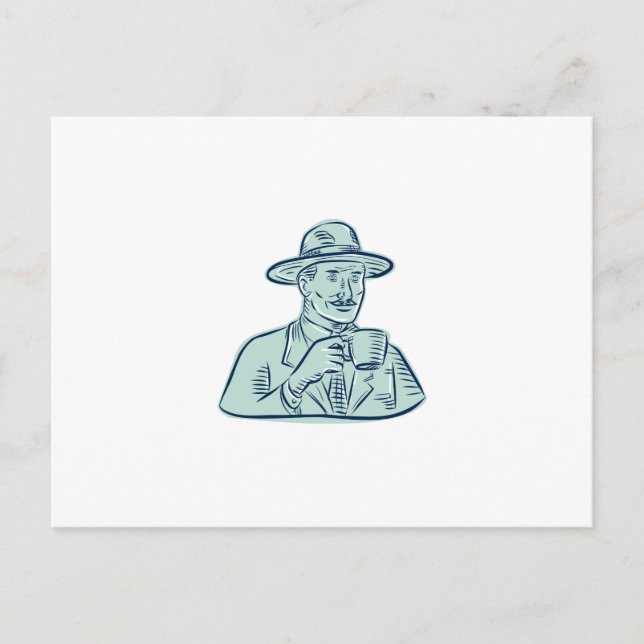 Man Fedora Hat Drinking Coffee Etching Postcard (Front)