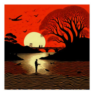 Man fishing at sunset poster