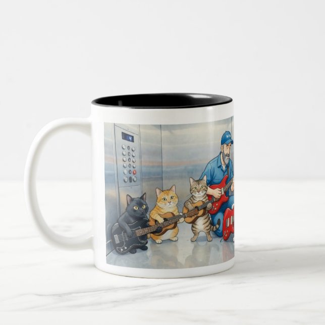 Man fixing elevator and playing guitar with cats Two-Tone coffee mug (Left)