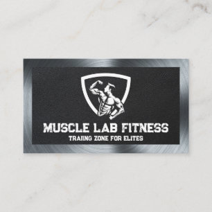 Man Flexing Fitness Logo Leather Metal Business Card