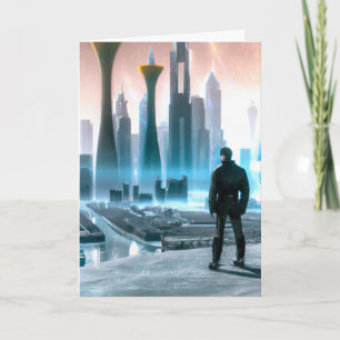 Man Gazing at Futuristic City Birthday Card