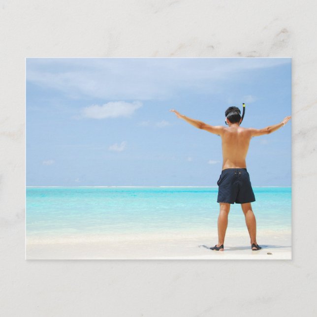 man getting ready to go snorkelling in a tropical  postcard (Front)