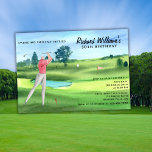 Man Golf Player Swinging Fifties 50th Birthday Invitation<br><div class="desc">Celebrate the big 5-0 with this fun and stylish golf-themed 50th birthday invitation. The design features a beautiful watercolor illustration of a golf course with a golfer in mid-swing, playfully putting toward the number 50. The humorous quote “Swinging Into My Fifties” appears in an elegant script font, while the party...</div>