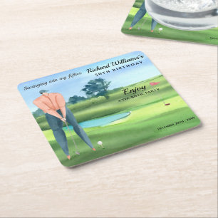 Man Golf Player Swinging Into My 50th Birthday Square Paper Coaster