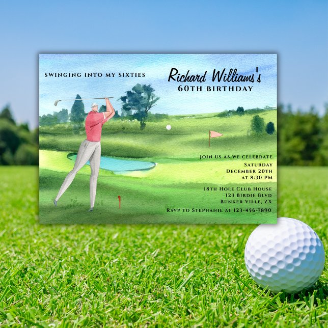 Man Golf Player Swinging Sixties 60th Birthday Invitation (Creator Uploaded)