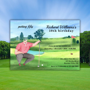 Man Golf Putting Fifty 50th Birthday Invitation