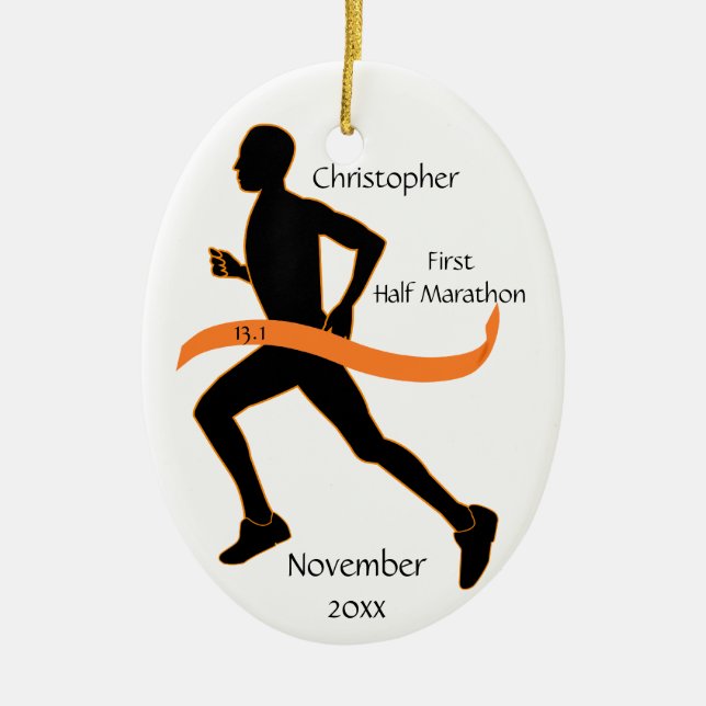 Man Half Marathon Runner Ornament in Orange (Front)