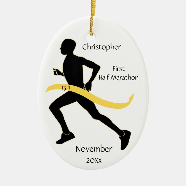 Man Half Marathon Runner Ornament in Yellow (Front)