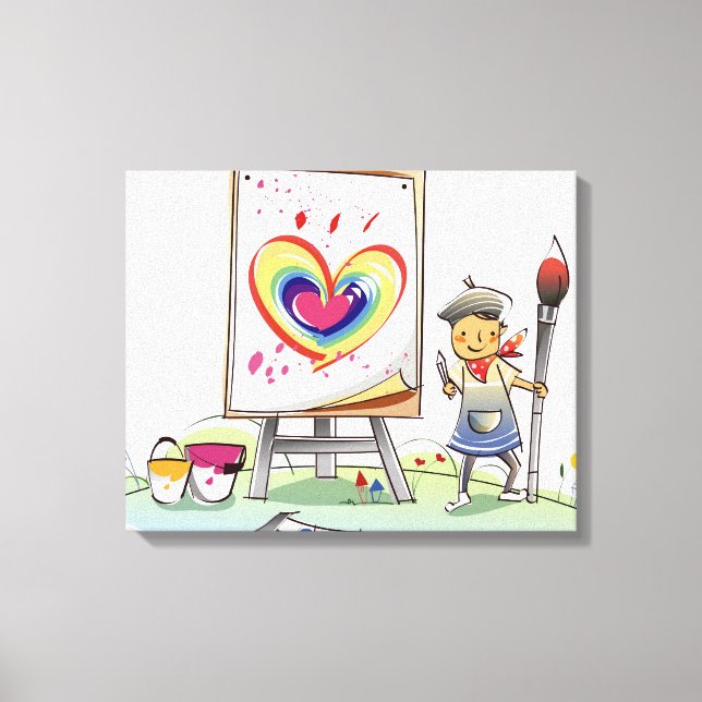 Man holding a paintbrush and standing by an easel canvas print (Front)