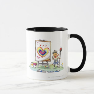 Man holding a paintbrush and standing by an easel mug