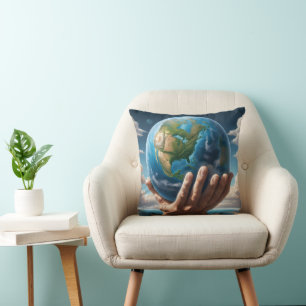 Man Holding Planet Earth Cushion