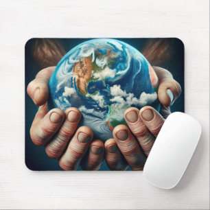 Man Holding Planet Earth Mouse Pad