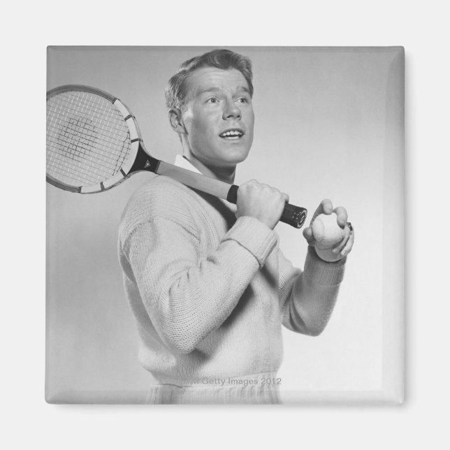 Man Holding Tennis Racket Magnet (Front)