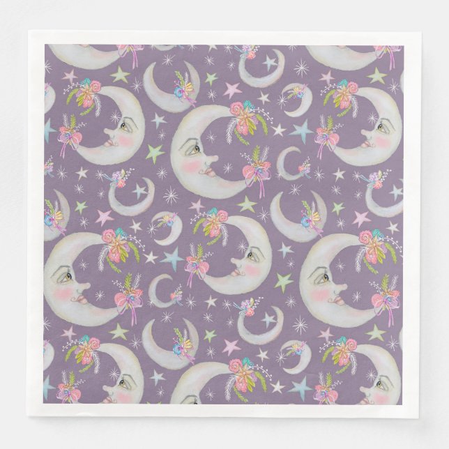 Man in Moon Stars Flowers Lavender Baby Shower Napkin (Front)