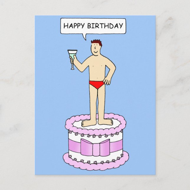 Man in Underpants on Cake Happy Birthday Postcard (Front)