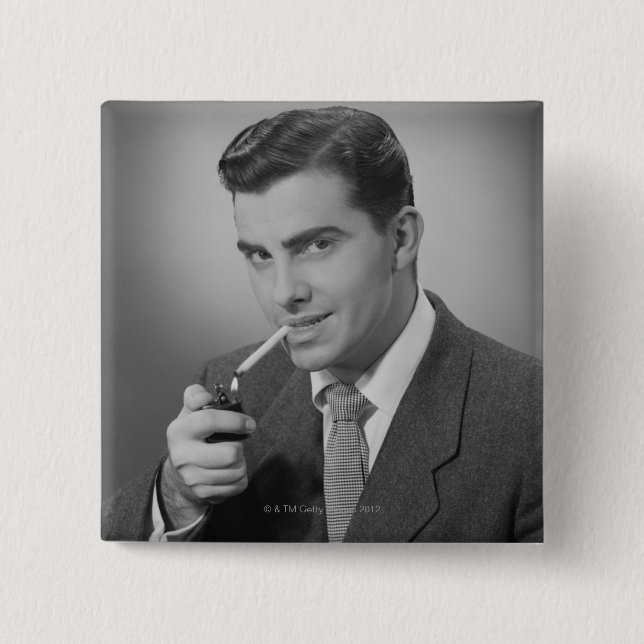 Man Lighting Cigarette 15 Cm Square Badge (Front)