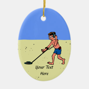 Man Metal Detecting Beach Ceramic Tree Decoration