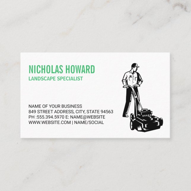 Man Mowing Grass | Lawn Mower  Business Card (Front)