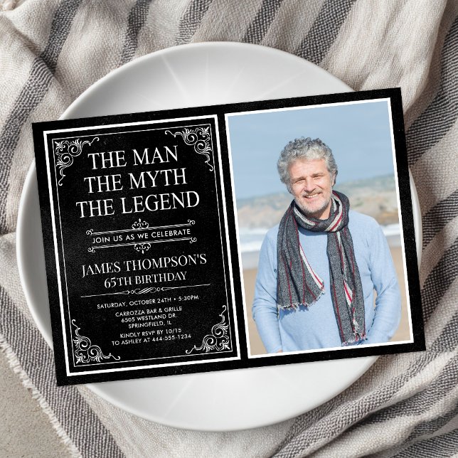 Man Myth Legend Black 65th Birthday Photo Invitation (Creator Uploaded)