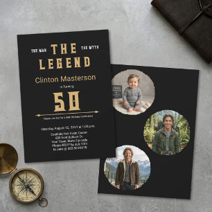 Man Myth Legend Black Gold 50th Multi Photo Invitation