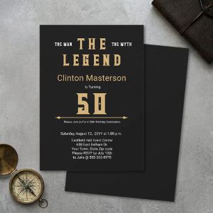 Man Myth Legend Black Gold Elegant 50th Birthday Invitation