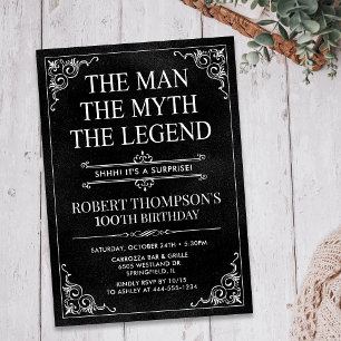 Man Myth Legend Black Surprise 100th Birthday Invitation