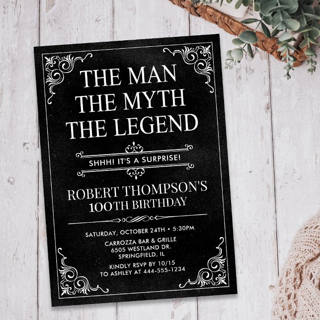 Man Myth Legend Black Surprise 100th Birthday Invitation (Creator Uploaded)