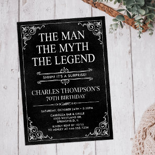 Man Myth Legend Black Surprise 70th Birthday Invitation