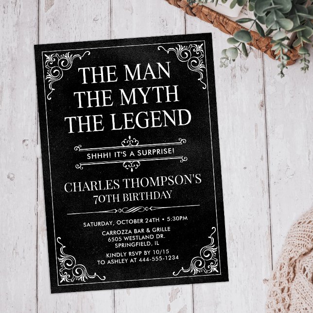 Man Myth Legend Black Surprise 70th Birthday Invitation (Creator Uploaded)