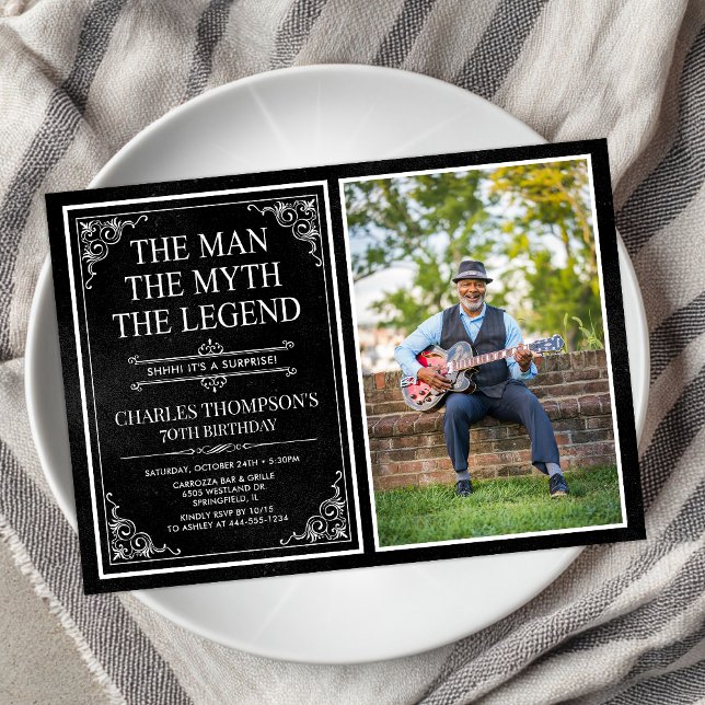 Man Myth Legend Black Surprise 70th Birthday Photo Invitation (Creator Uploaded)